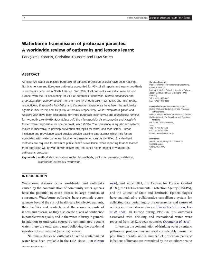 Pdf) Waterborne Transmission Of Protozoan Parasites: A