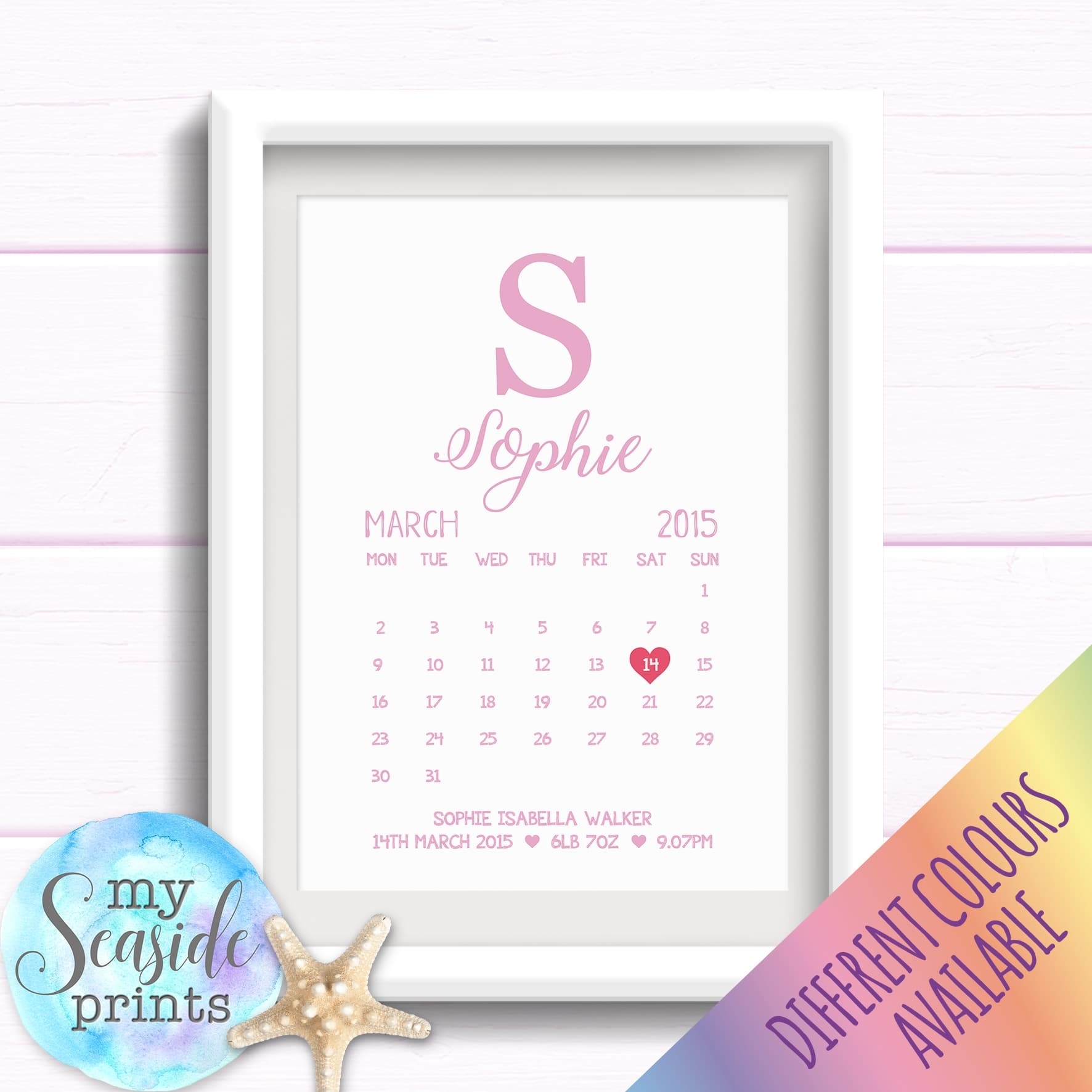 Personalised Girls Nursery Print Or New Baby Gift - Calendar Birth Date