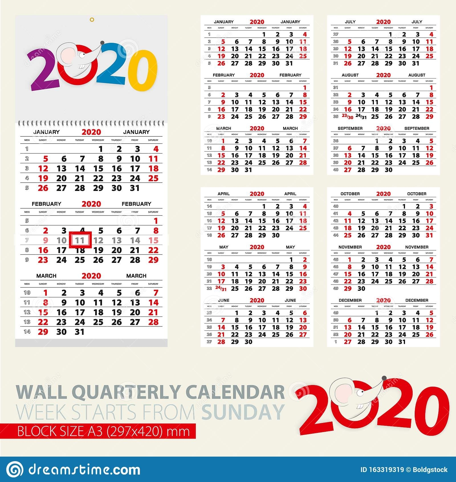 Plantilla Impresa Del Calendario Trimestral Mural Para 2020