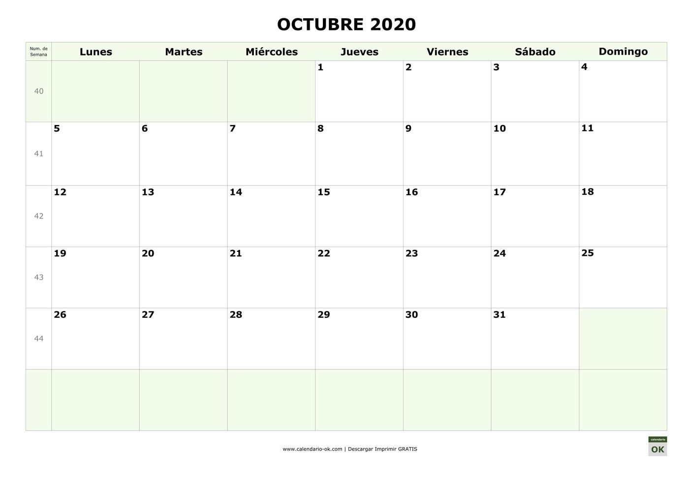 Plantilla Octubre 2020 Con Numero De Semana | Calendario