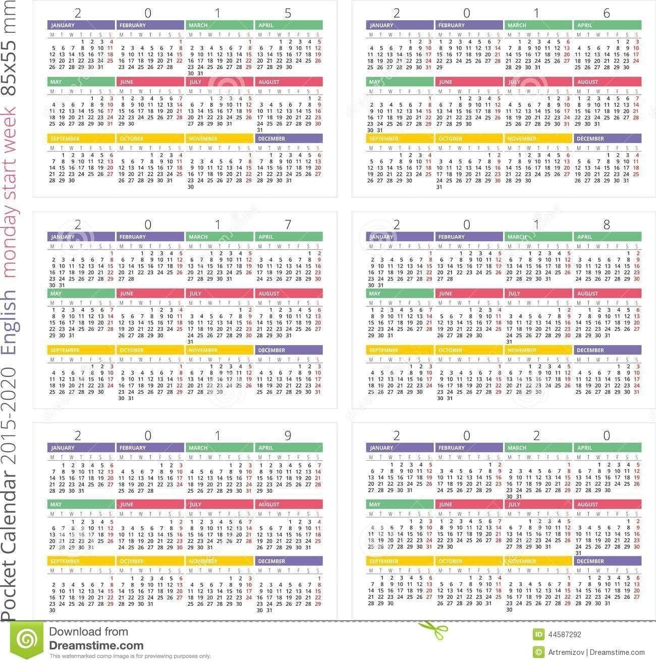 Pocket Calendar Eng 2015, 2016, 2017, 2018, 2019, 2020