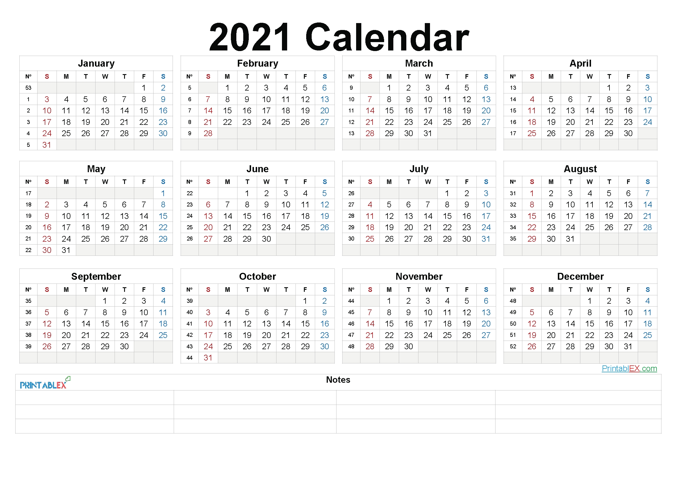 Printable 2021 Yearly Calendar With Week Numbers