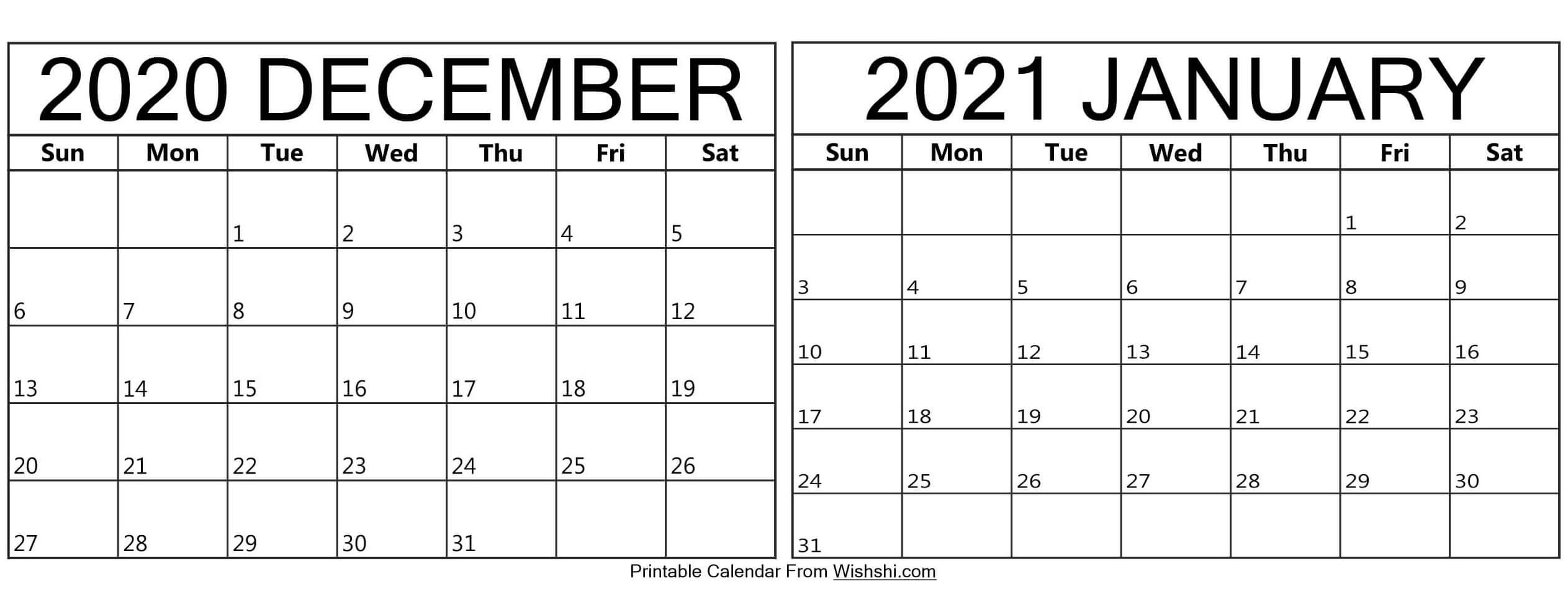 Printable December 2020 January 2021 Calendar - Free
