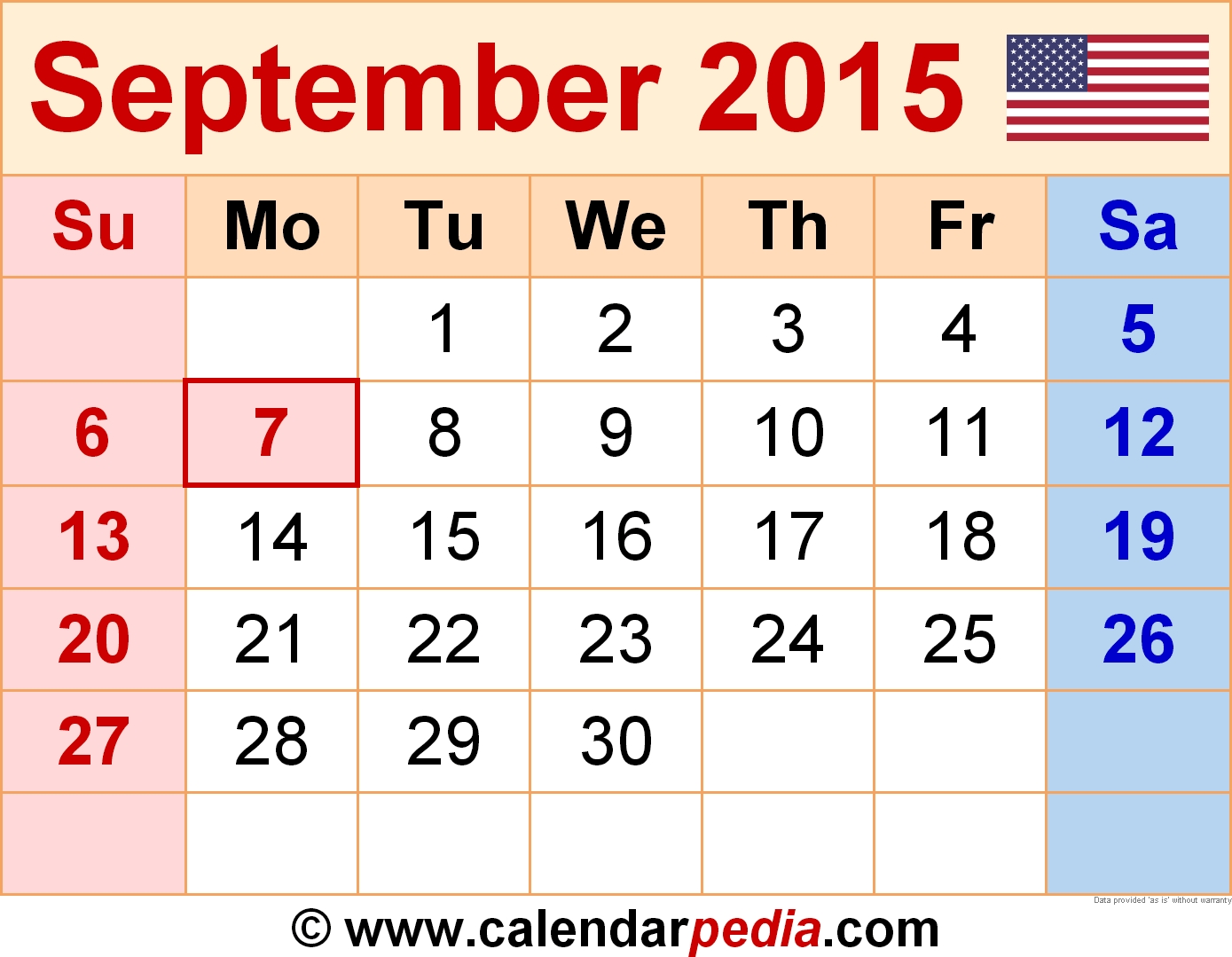 September 2015 Calendar | Templates For Word, Excel And Pdf