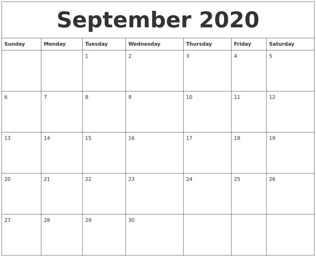 September 2020 Large Printable Calendar