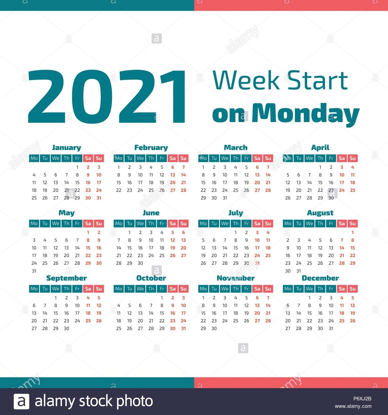 Simple Calendario Del Año 2021, La Semana Comienza En Lunes