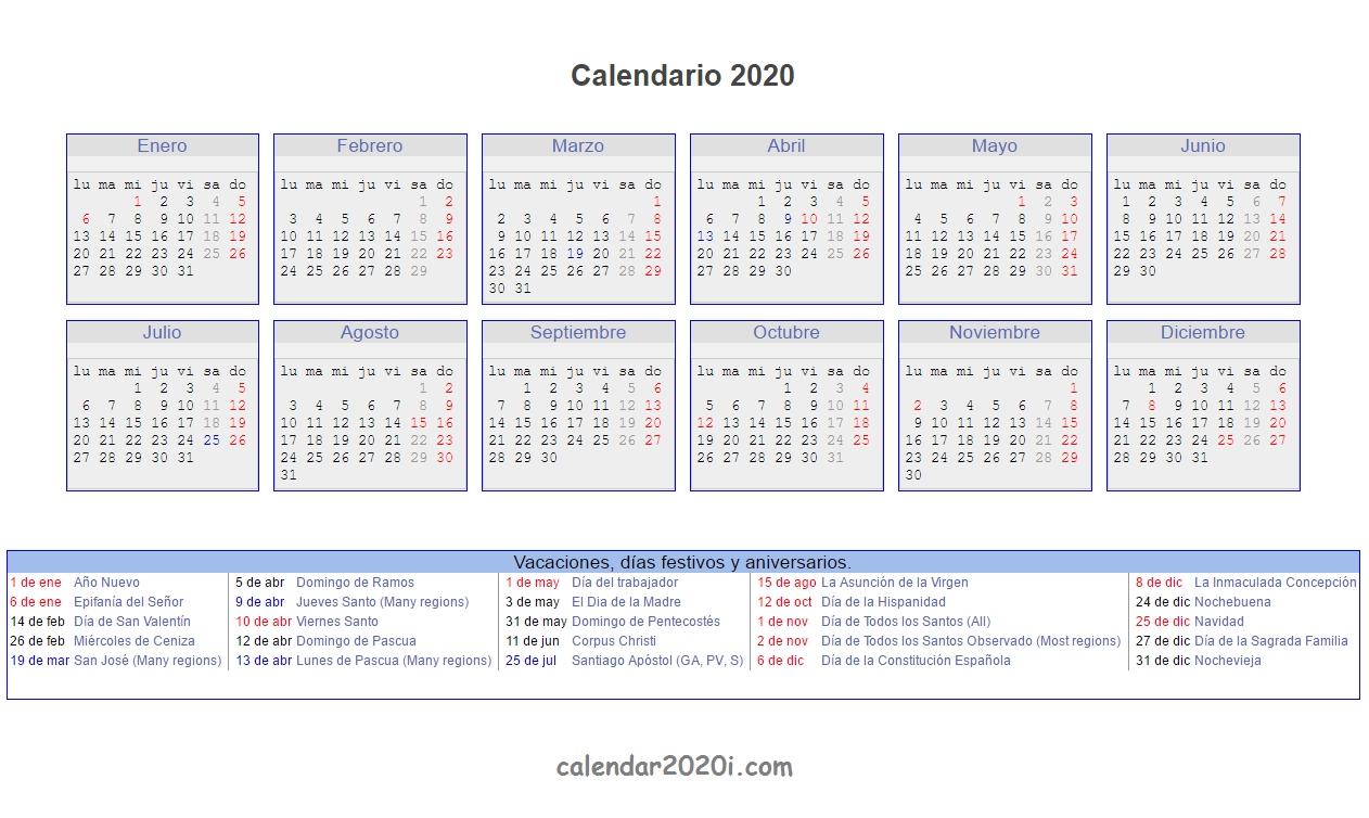 Spanish 2020 Printable Calendar With Holidays, Festivals