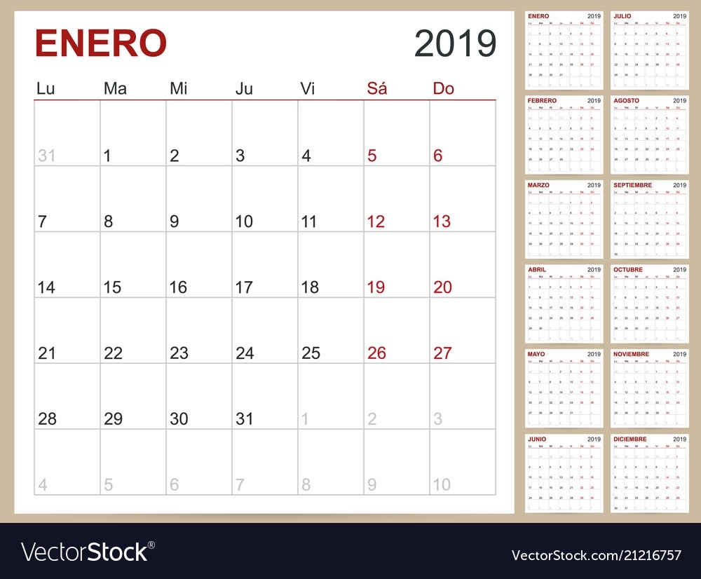 Spanish Calendar 2019 Royalty Free Vector Image