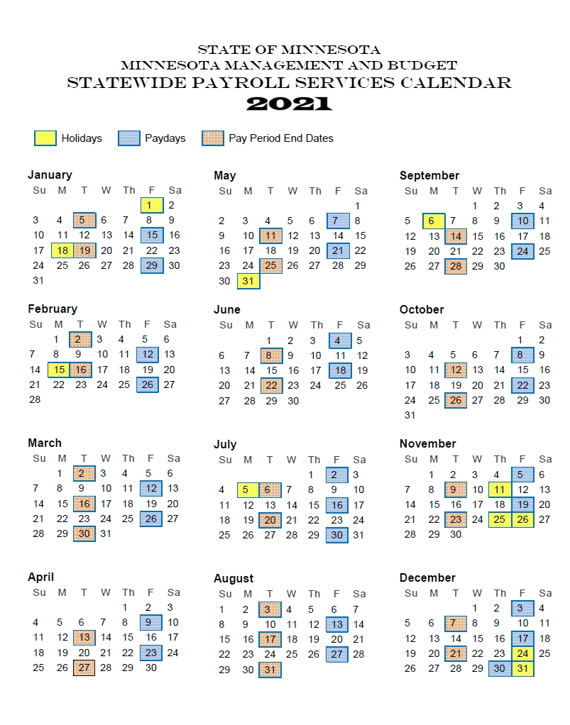 State Of Minnesota (Mn) Payroll Calendar 2021 | Payroll Calendar
