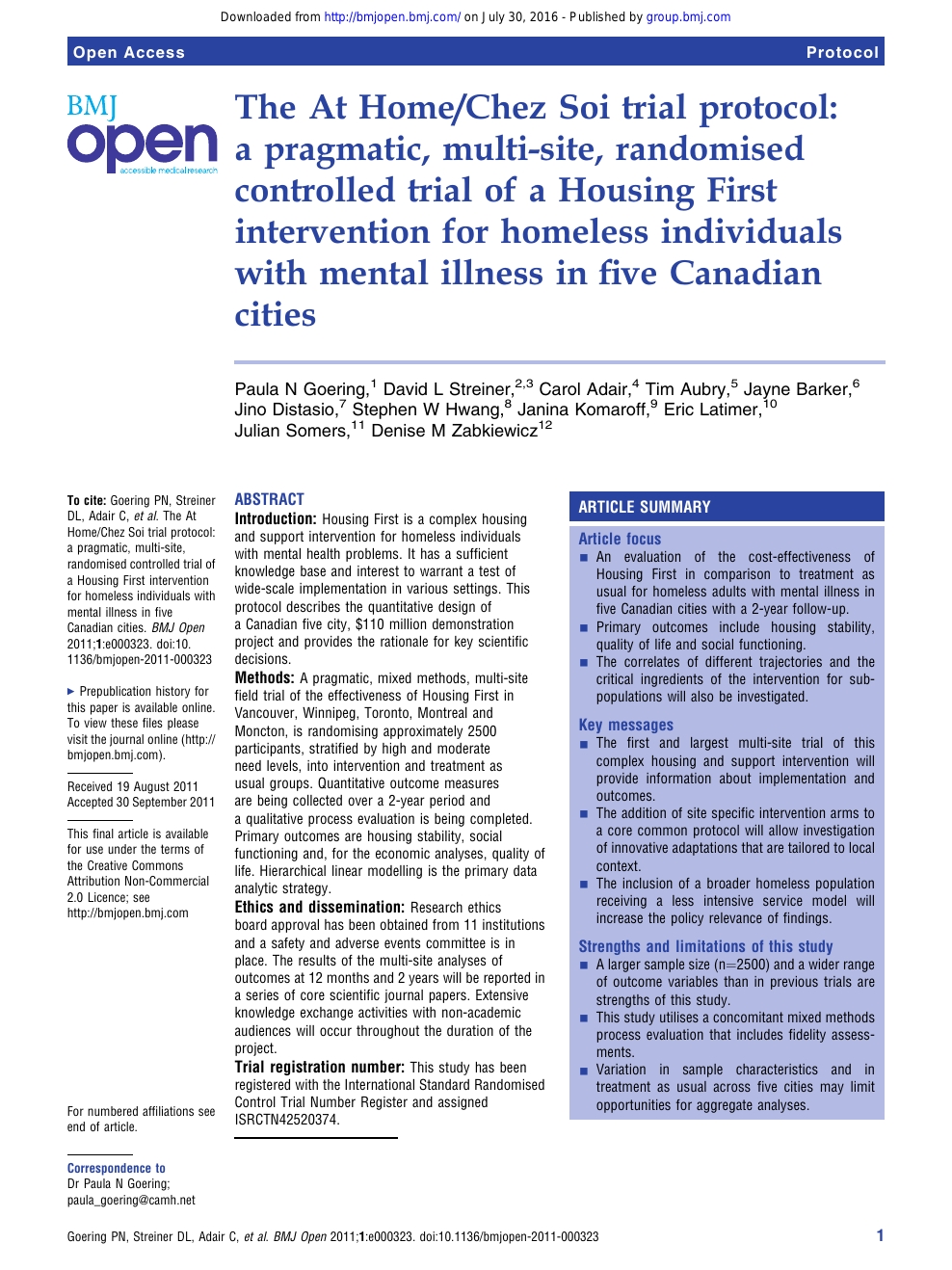 The At Home/Chez Soi Trial Protocol: A Pragmatic, Multi-Site