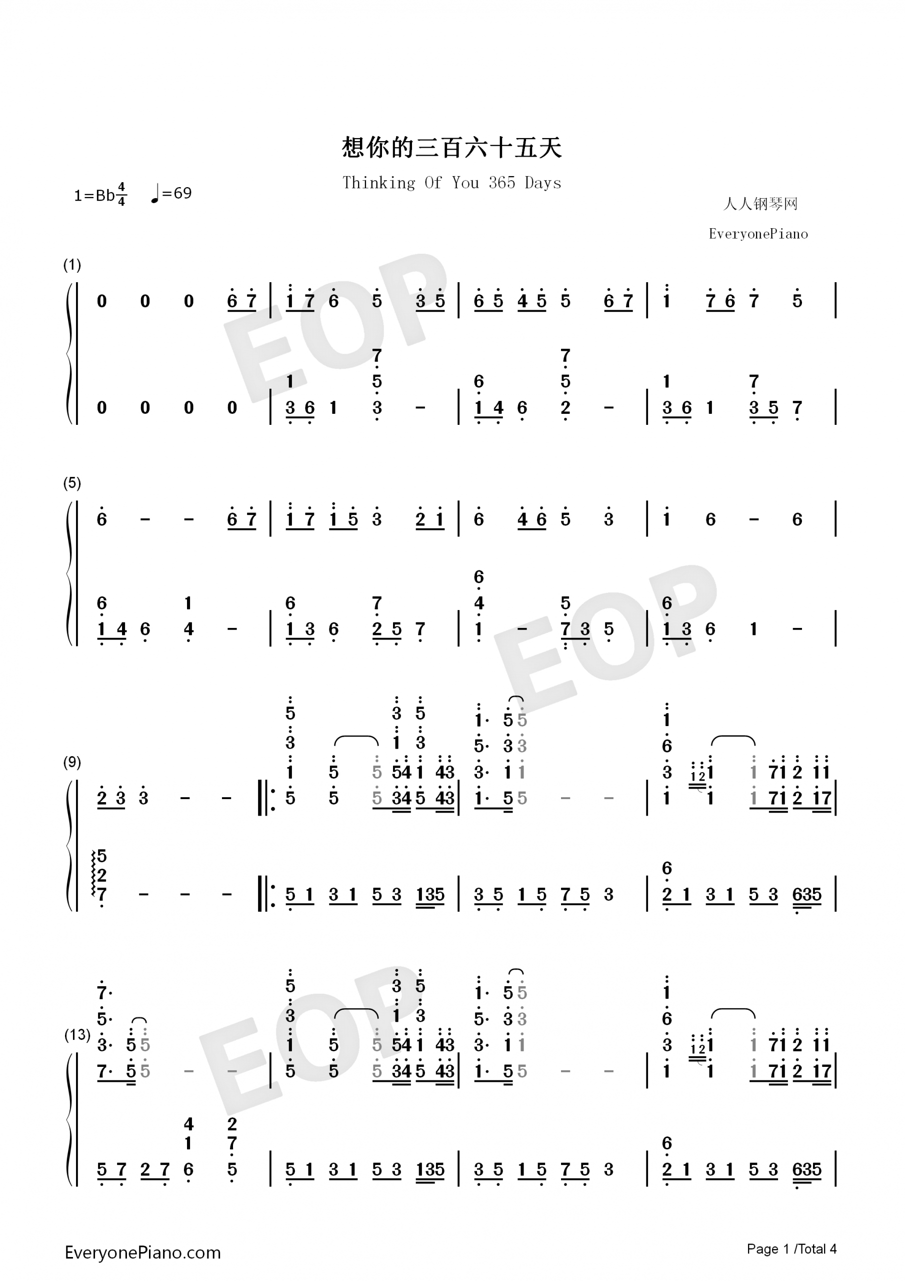 Thinking Of You 365 Days Numbered Musical Notation Preview