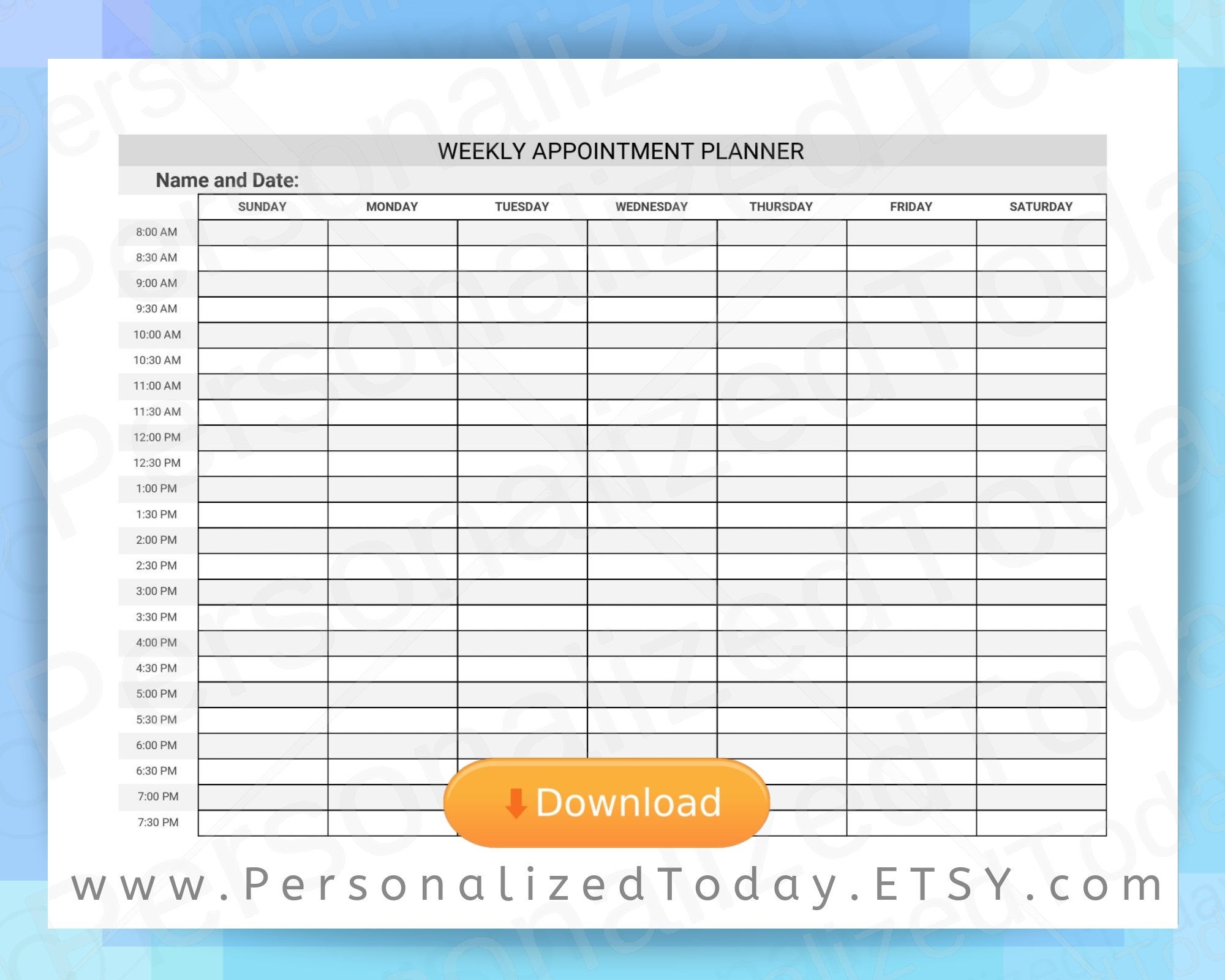 Weekly Printable Schedule 8 Am Through 8 Pm 12 Hour Time