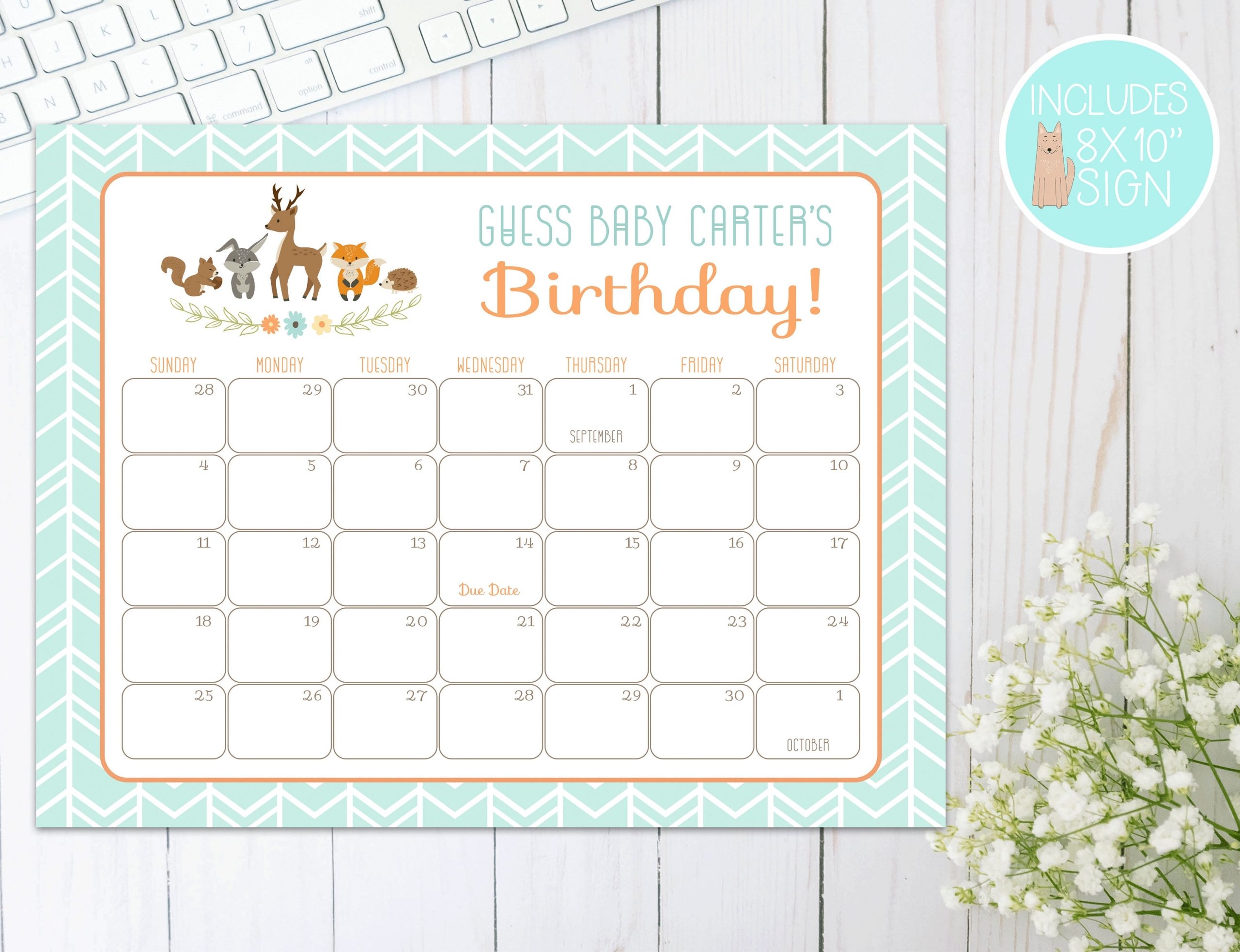 Woodland Baby Shower Due Date Calendar | Prediction Calendar | Guess Baby&#039;S  Birthday | Baby Shower Games, Decorations | Deer, Fox, Rabbit