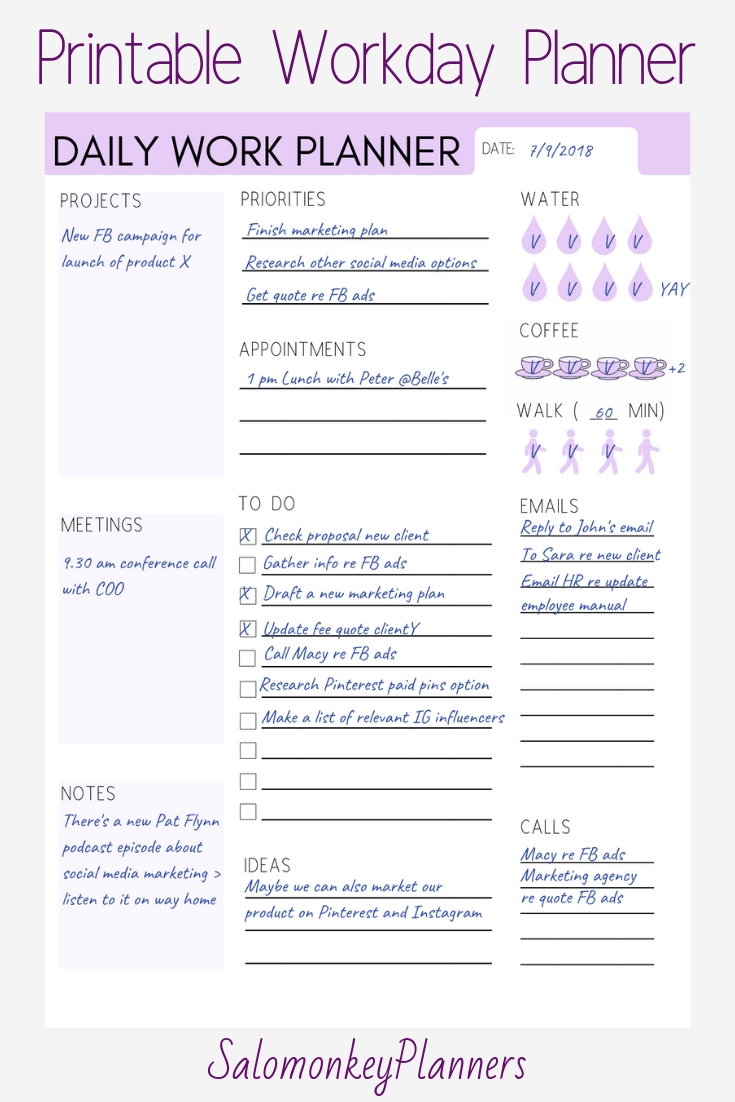 Workday Planner Daily Work Planner Work Organizer Work