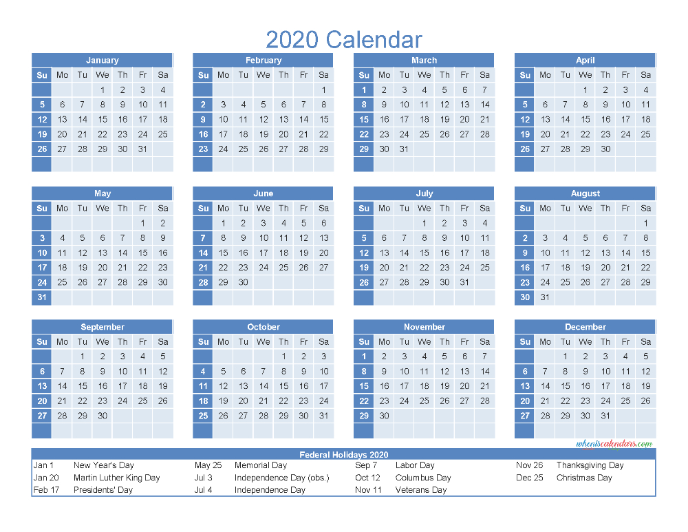 12 Month Printable Calendar 2020 With Holidays - Free