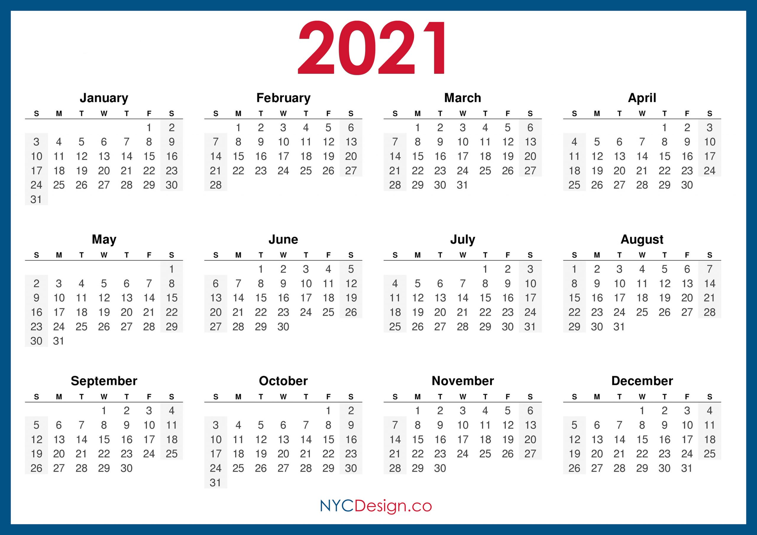 2021 Calendar Printable Free, Horizontal, Blue, Hd