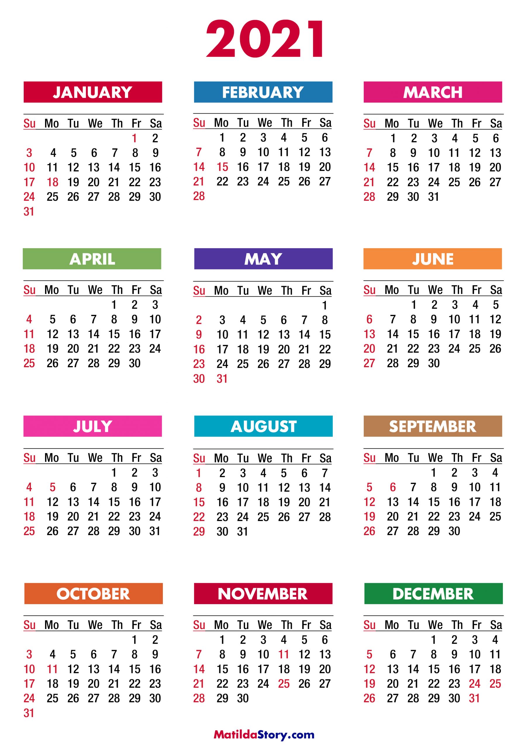 2021 Calendar With Holidays, Printable Free, Colorful