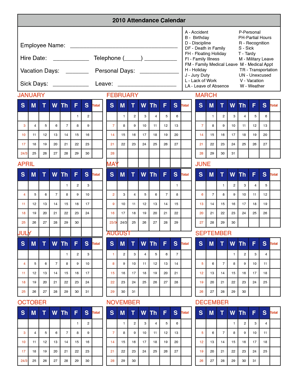 Attendance Calendar Template Free | Calendar Template