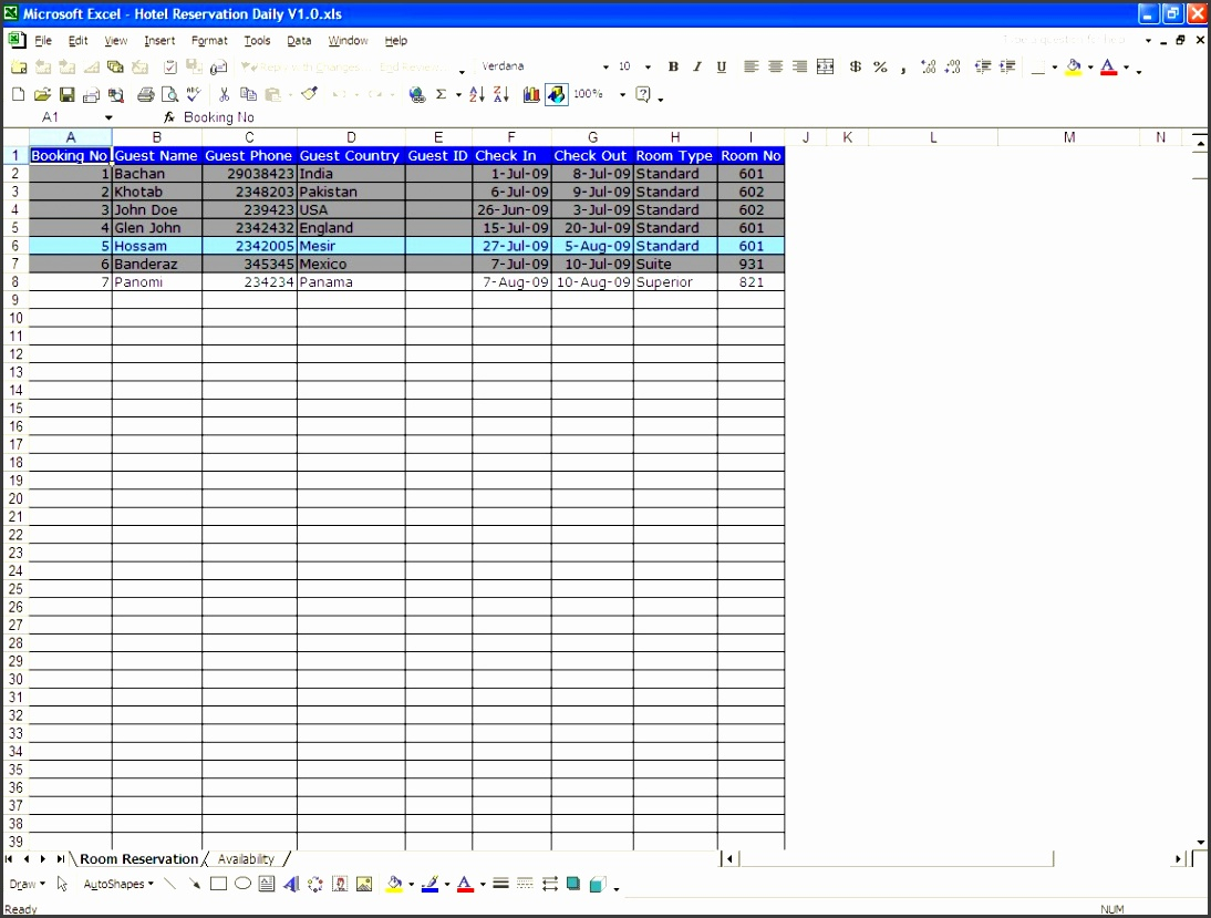 Booking Calendar Template Excel - Conference Room