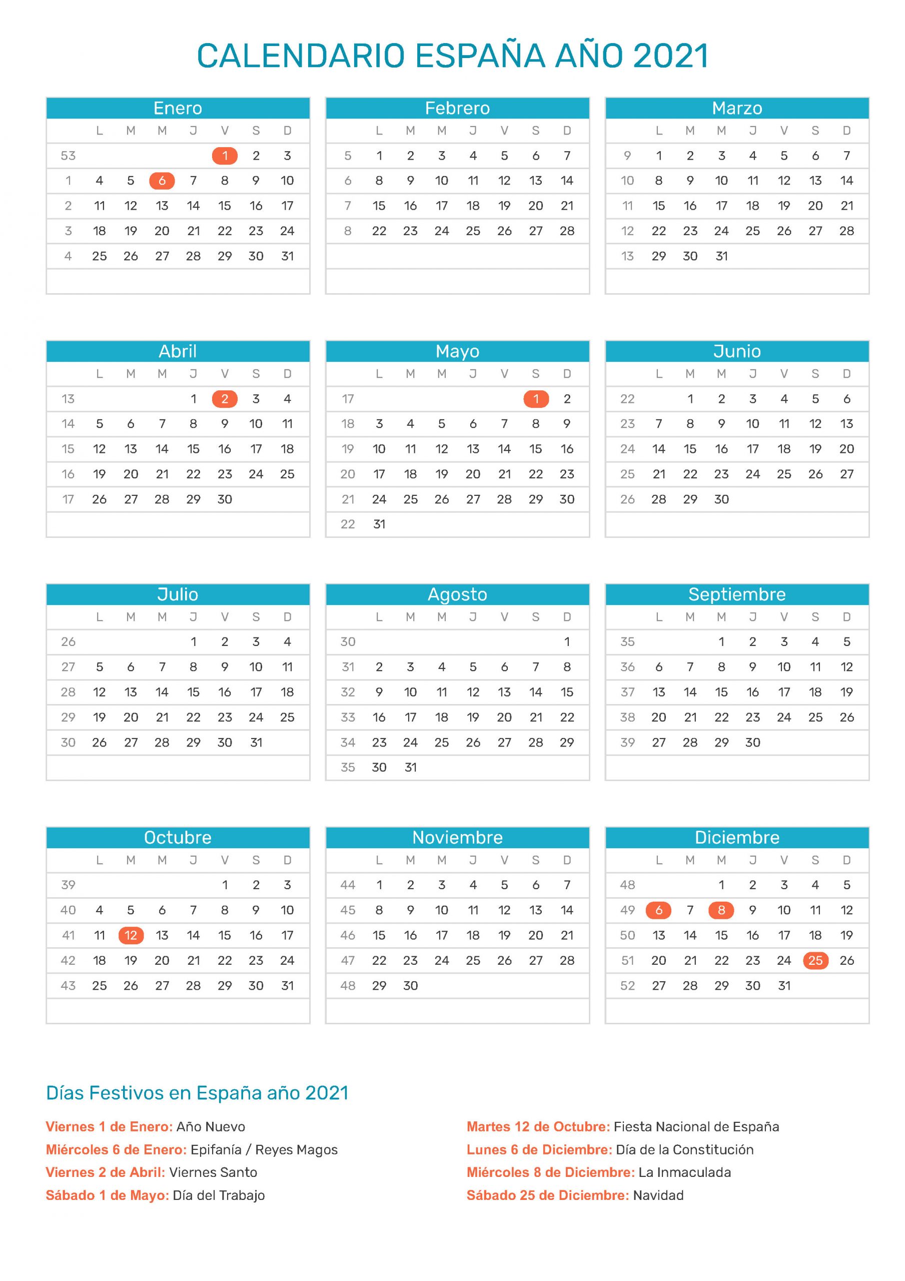 Calendario De España Año 2021 | Festivos