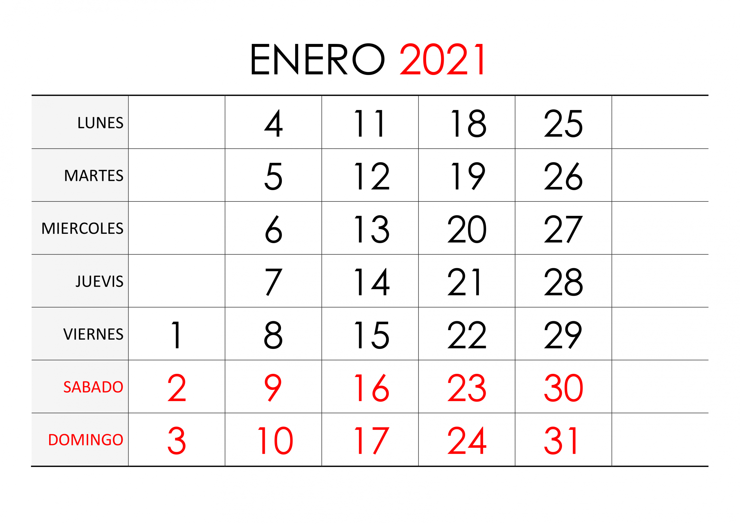 Calendario Enero 2021 - Calendariossu