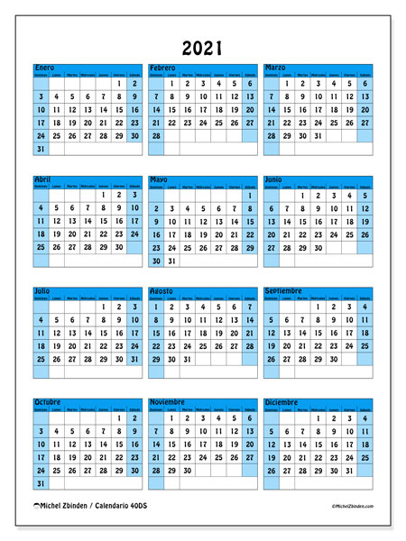 Calendarios 2021 &quot;Domingo - Sábado&quot; - Michel Zbinden Es