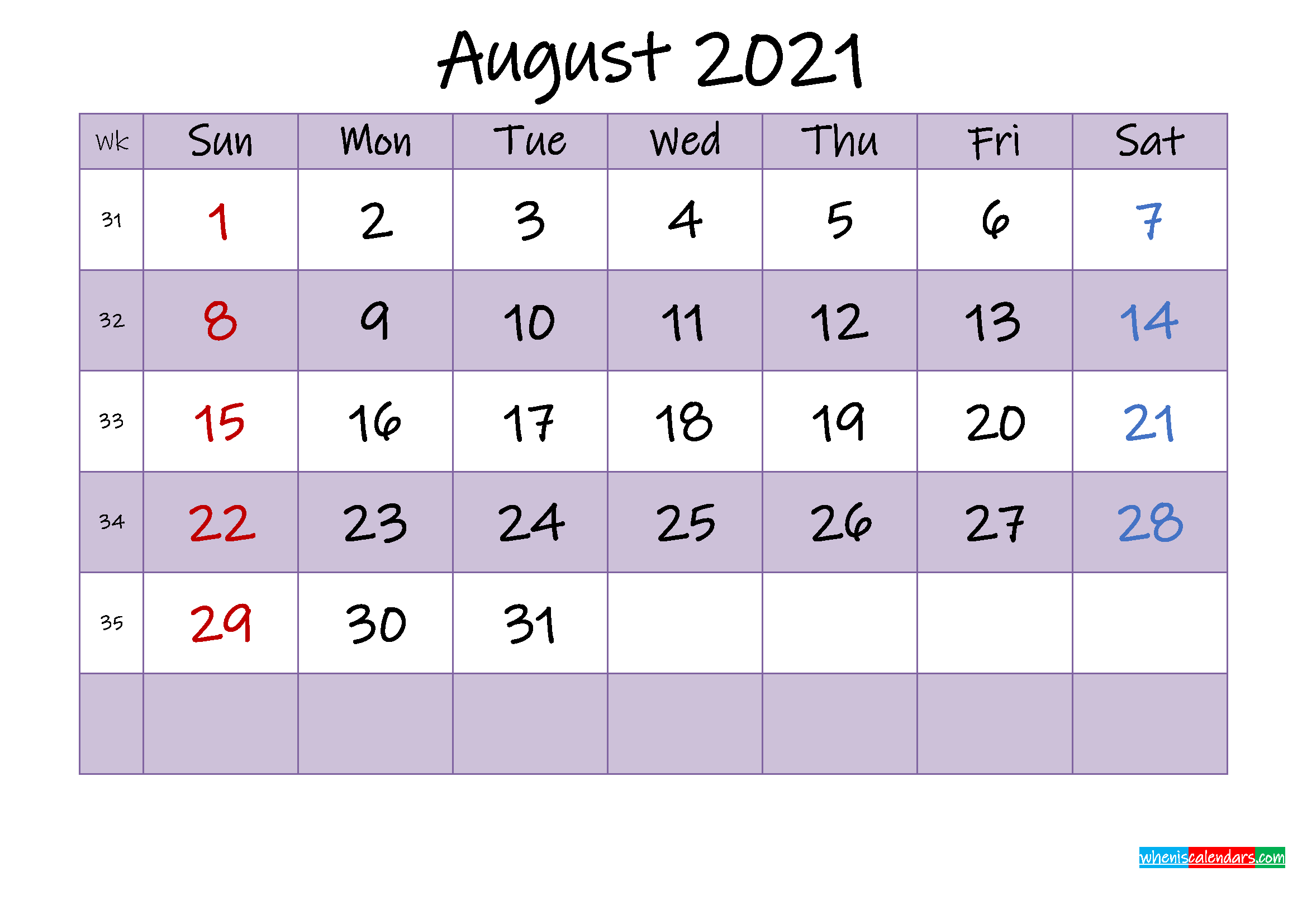 Editable August 2021 Calendar - Template Noink21M464