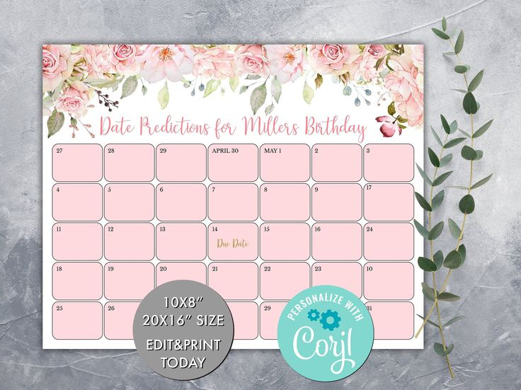 Editable Guess Baby&#039;S Due Date Calendar Game, Pink Floral