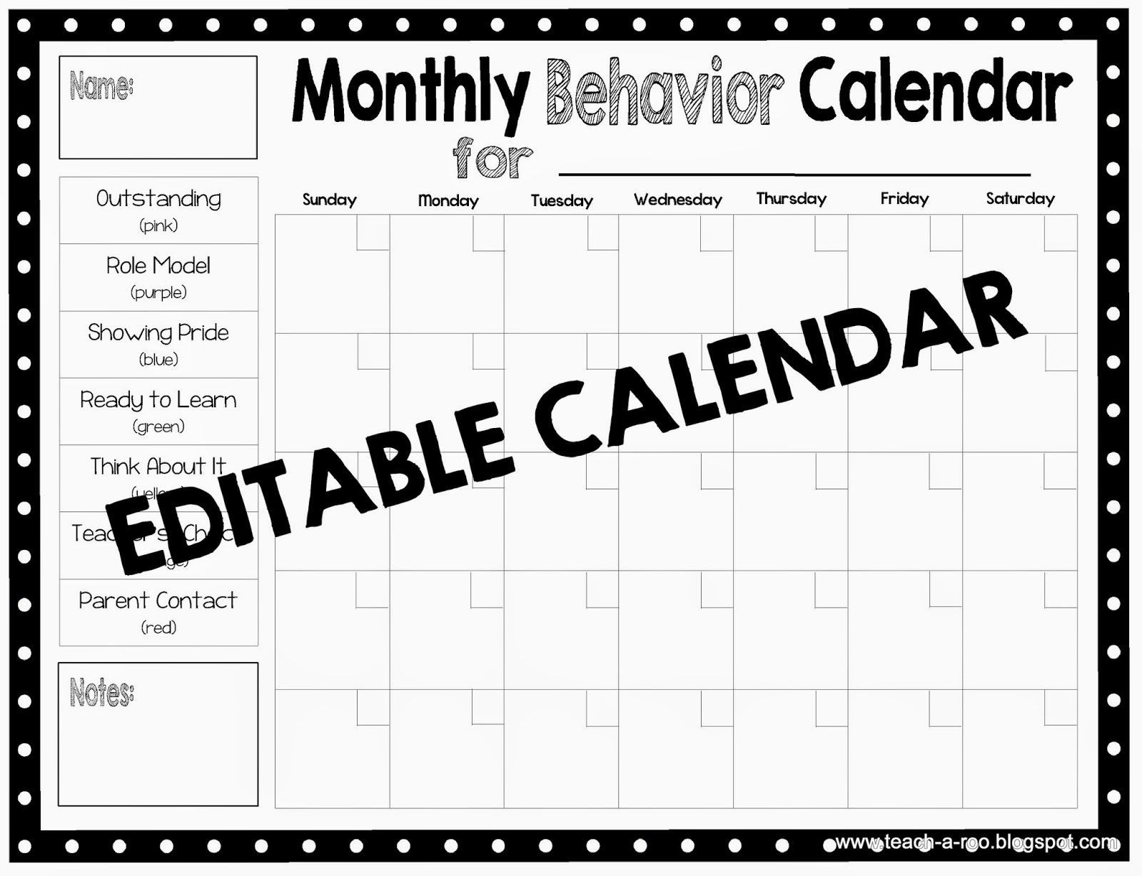 Editable Monthly Behavior Chart | Example Calendar Printable