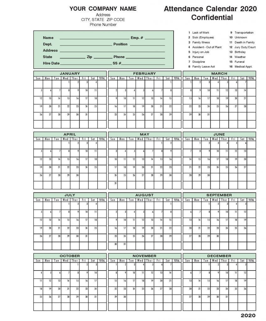 Employee Attendance Calendar | Tracker Template 2020