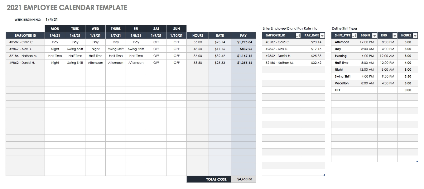 Employee Calendar Template 2021 | Calendar Template Printable