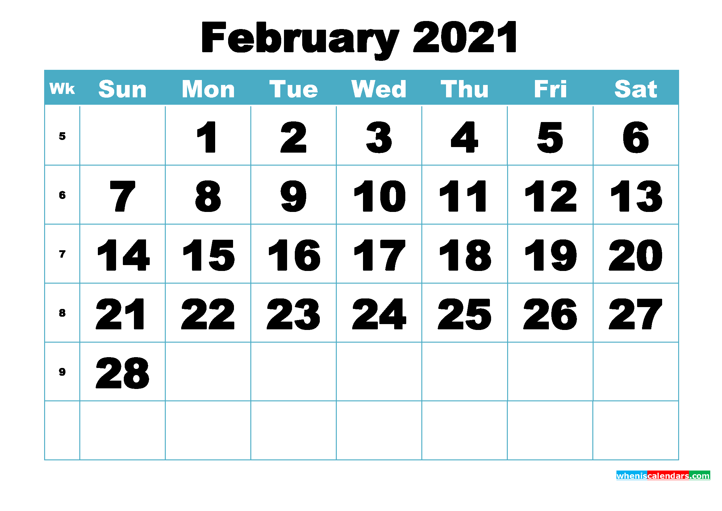 Free February 2021 Printable Monthly Calendar Template