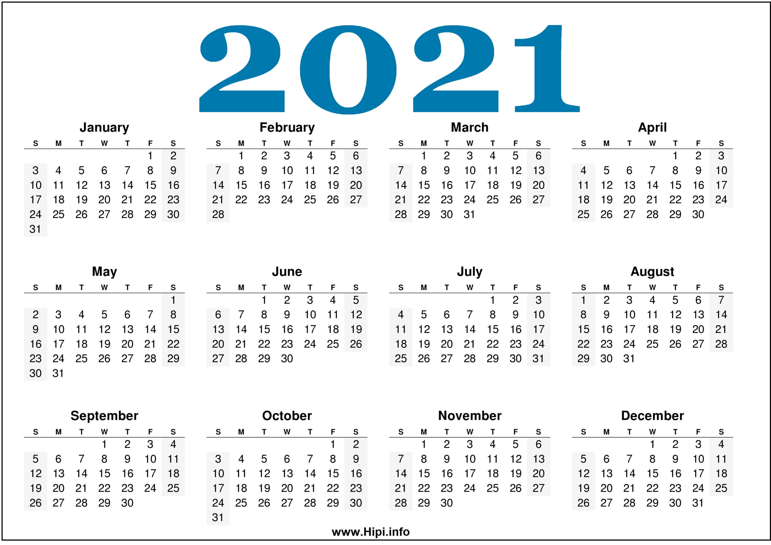 Free Printable 2021 Calendars Horizontal Hipi Info - Easy