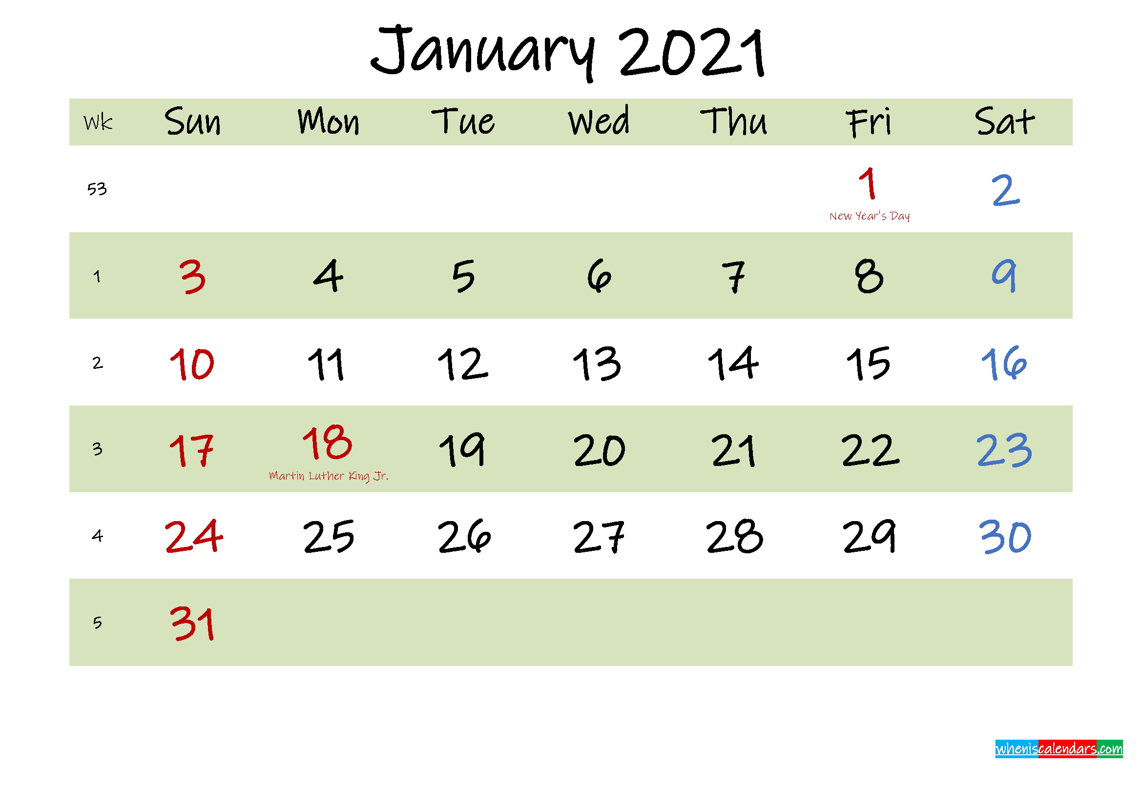 Free Printable January 2021 Calendar With Holidays