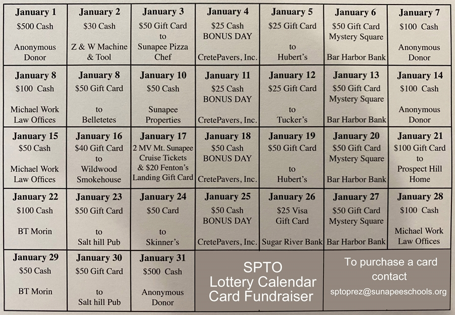 Lottery Calendar Card Fundraiser - Sunapee Central