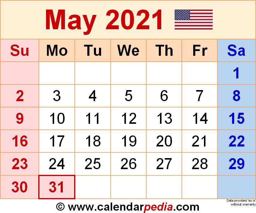 May 2021 Calendar | Templates For Word, Excel And Pdf