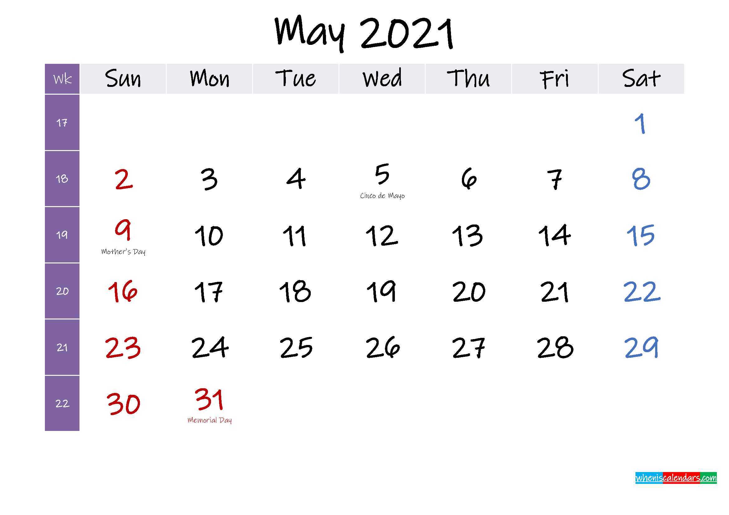 May 2021 Free Printable Calendar With Holidays - Template