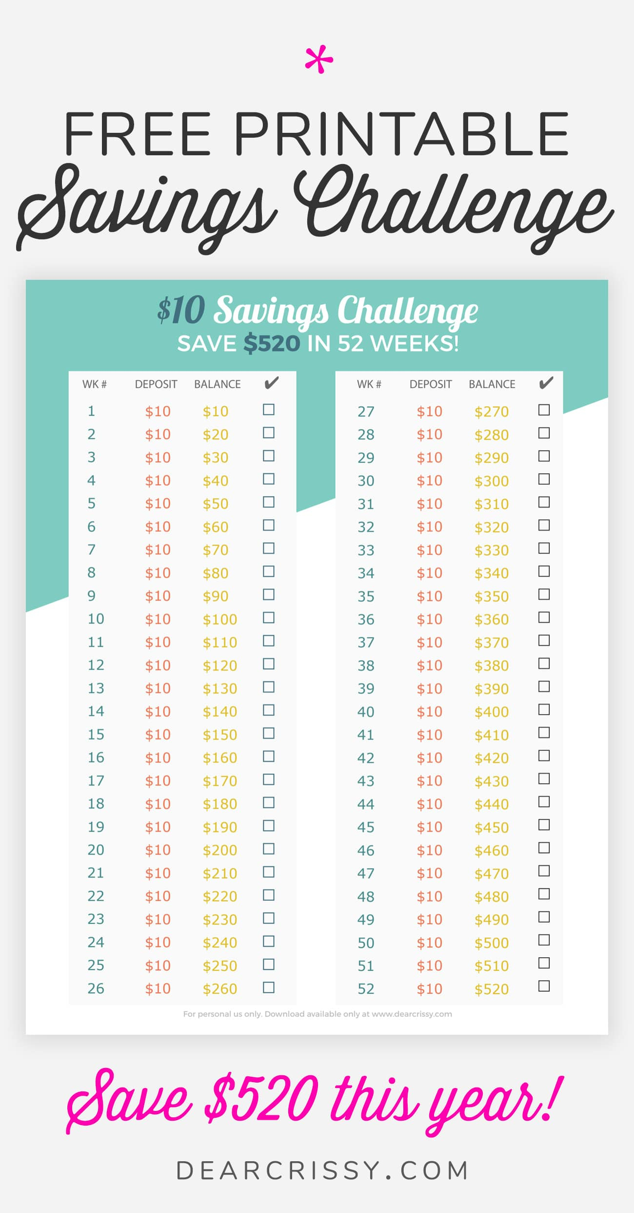 Money Savings Challenge Printable - Easy $10 Money Savings