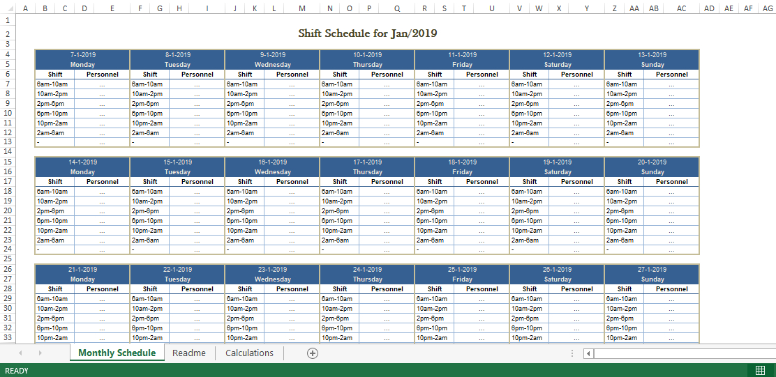 Monthly Shift Schedule Template Excel Free Employee