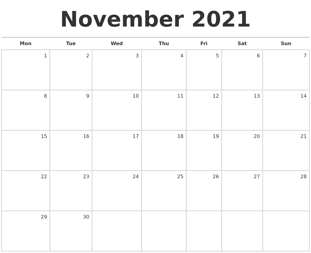 November 2021 Blank Monthly Calendar