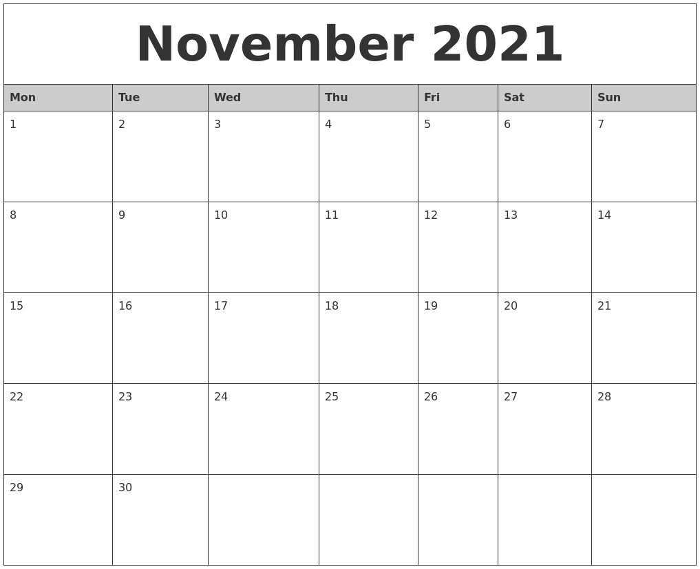 November 2021 Monthly Calendar Printable