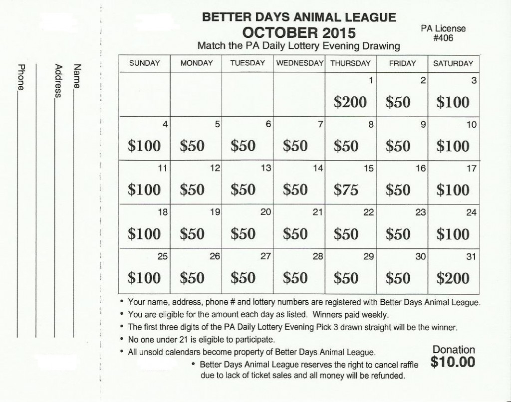 October 2015 - Bdal Lottery Raffle - Better Days Animal League