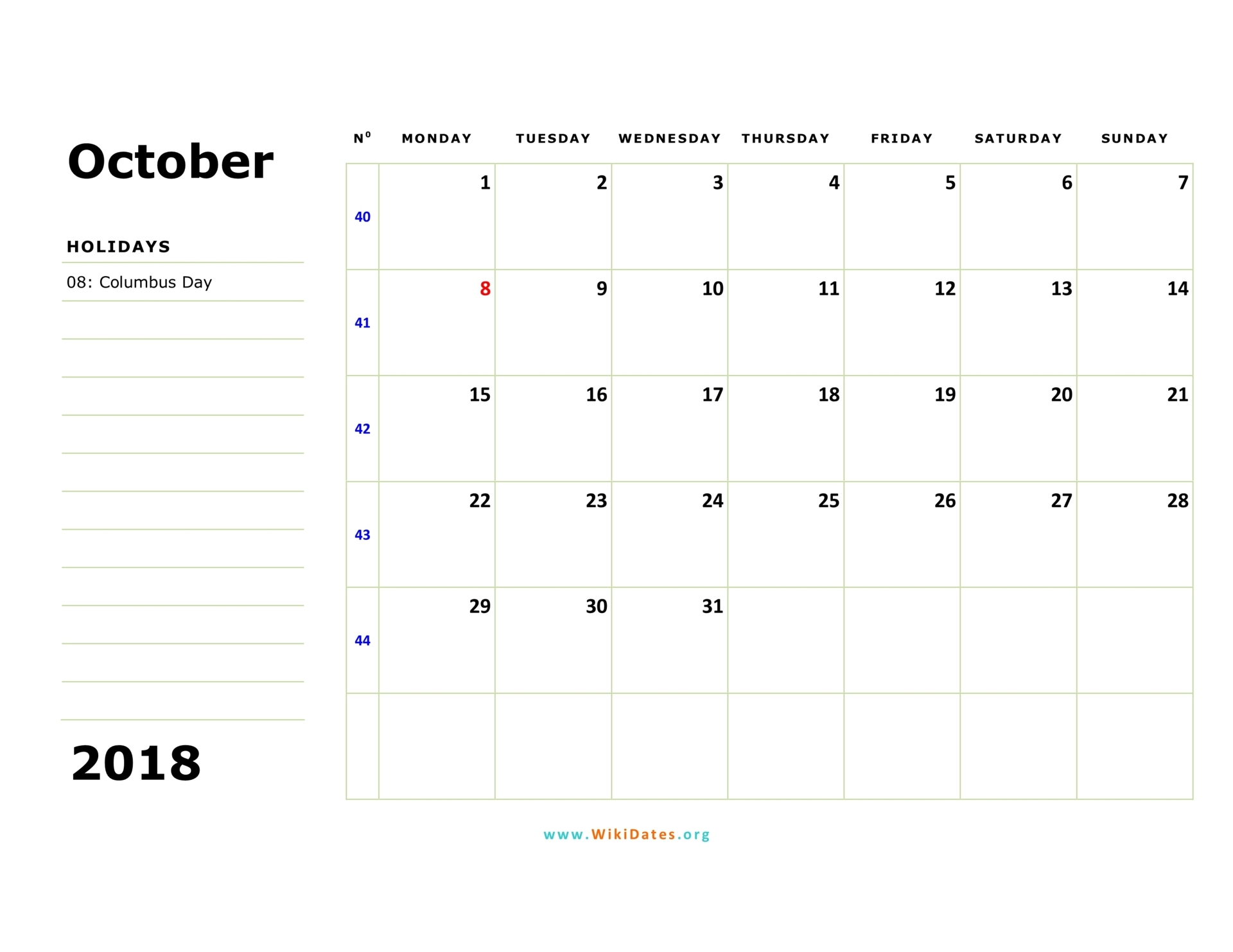 October 2018 Calendar | Wikidates