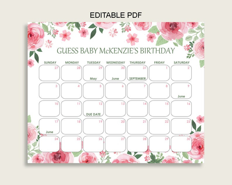 Pink Green Guess Baby Due Date Calendar Game Printable | Etsy