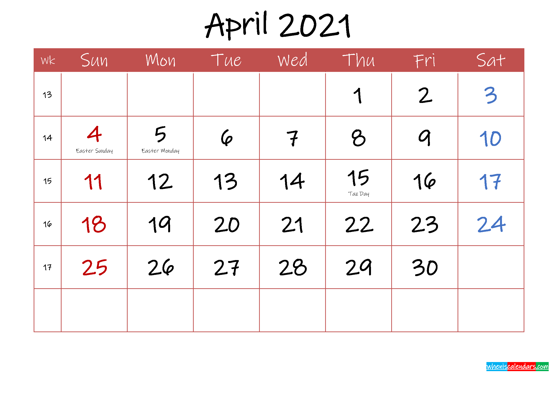 Printable April 2021 Calendar With Holidays - Template