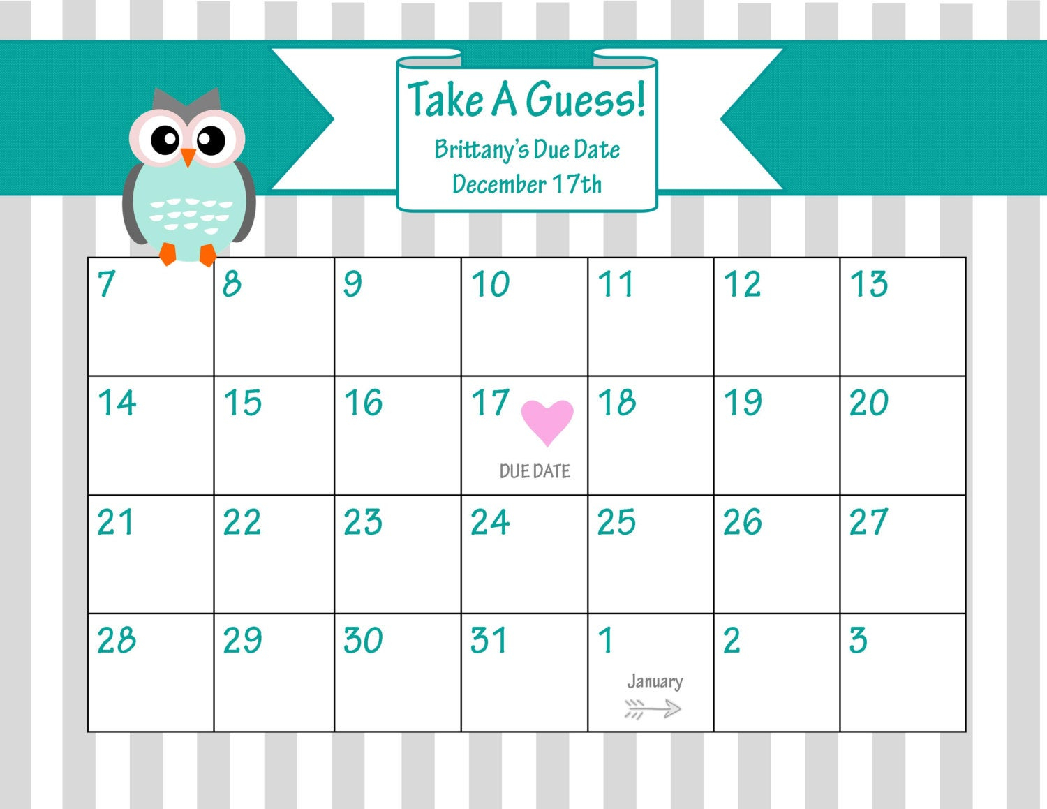 Printable Due Date Calendar // Baby Shower Game // Guess The
