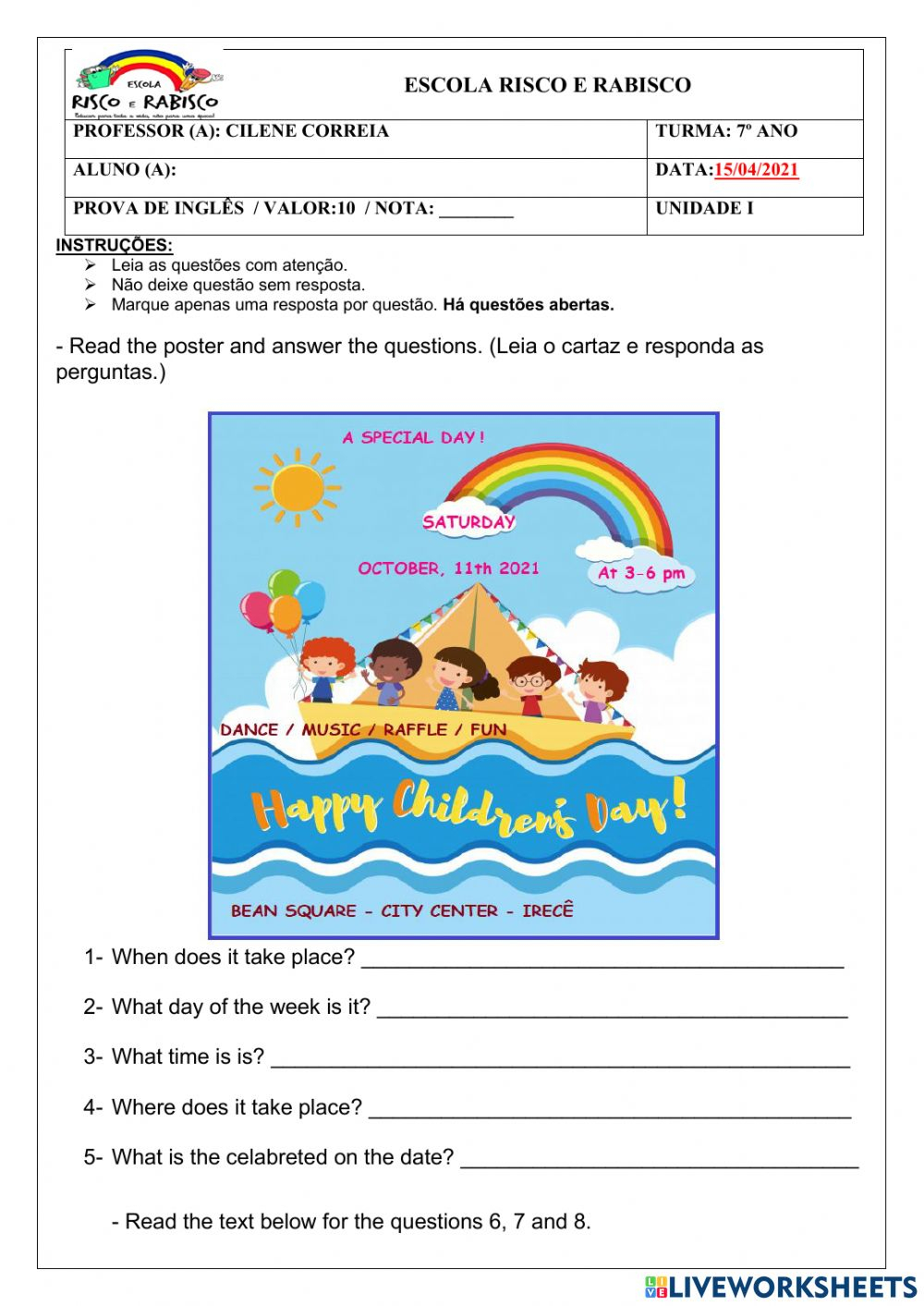 Prova De Inglês Worksheet