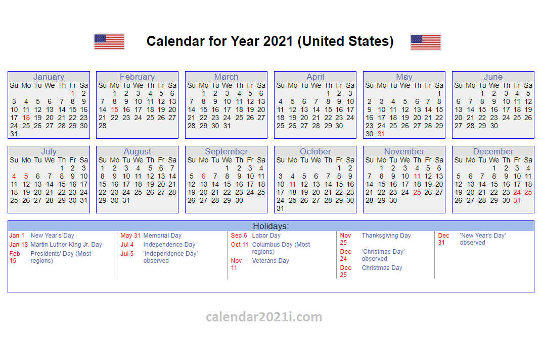 Us 2021 Calendar With Holidays | United States Printable