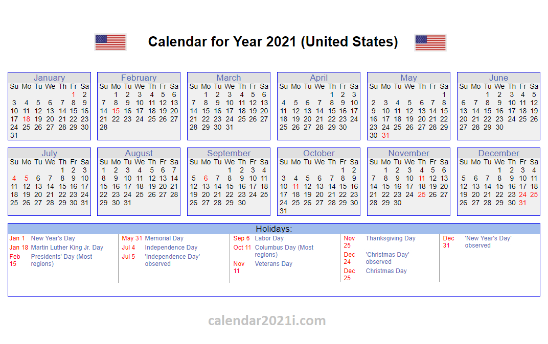 Us 2021 Calendar With Holidays | United States Printable