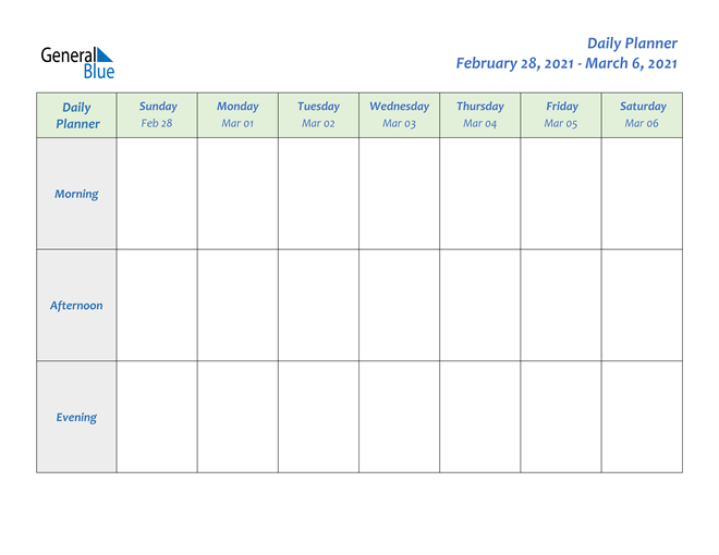 Weekly Calendar - February 28, 2021 To March 6, 2021